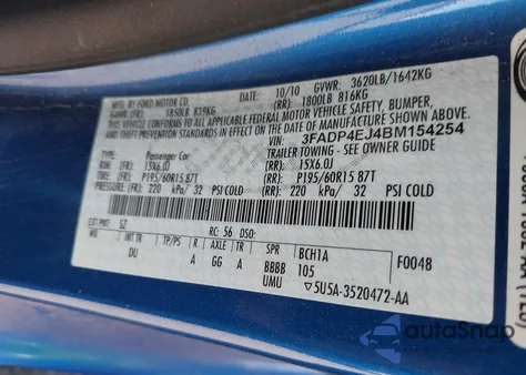 2011 Ford Fiesta Se from USA, damaged, VIN 3FADP4EJ4BM154254